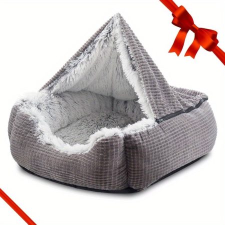 Luxury Orthopedic Dog & Cat Bed for Medium Large Small Dogs - 25 Inch Rectangle Cave Hooded Blanket Design, Machine Washable Leather Pet Bed with No-Fill Comfort, Warmth & Easy Assembly (Grey)