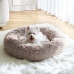Calming Small Dog Bed Donut Fluffy AntiAnxiety Round Washable Cute Bed Plush Cozy Cuddler Warming Soft Comfort Pet Bed for Small Medium Dogs Cats 31inch Brown