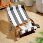 Cooling Cat Hammock Chair with Water Mat - Elevated Beach Style Lounger for Large Cats, High Quality & Scratch-Resistant Pet Couch with Sturdy Wood Frame, Black & White Striped Indoor/Outdoor Cat Bed, Easy to Clean & Portable Design