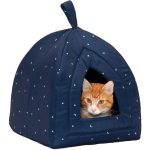 Small Cozy Cat Bed Cave & Pet Tent - Washable Foldable Indoor Bed with Removable Cushion, Night Sky Navy Blue & Stars - Polycanvas Hideaway for Cats, Small Dogs, Home, Travel, or Gifts - Easy-Clean Portable Shelter, Starry Night Print, Durable Constructio