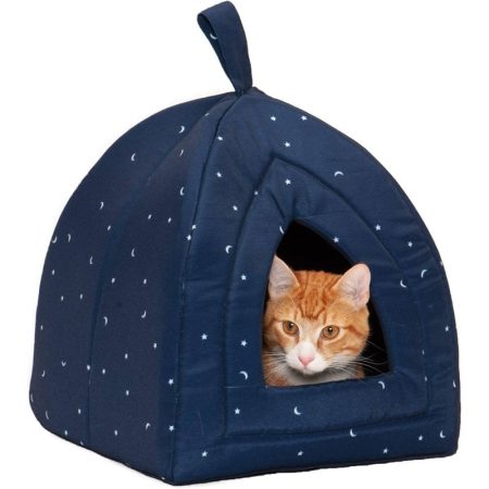 Small Cozy Cat Bed Cave & Pet Tent - Washable Foldable Indoor Bed with Removable Cushion, Night Sky Navy Blue & Stars - Polycanvas Hideaway for Cats, Small Dogs, Home, Travel, or Gifts - Easy-Clean Portable Shelter, Starry Night Print, Durable Constructio