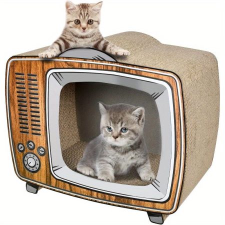 Extra Large TV-Shaped Cat Scratcher Lounge Bed - Dual-Purpose Scratching Post & Cushioned Bed, Beige/ Brown Retro Design, Cardboard & Cornstarch Glue, Furniture Protector for Kittens & Adult Cats - 17x9x14in, Pet Lounging Spot, Playful Pet Accessory, Pets