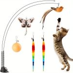 5pcs DualWand Interactive Cat Toy with Suction Cup Base - Feather & Ball Attachments, Charcoal Base, Nickel Material, Non-Rechargeable Battery, Ideal for Indoor Cats, Cat Toy Interactive | Playful Design | Durable Cat Toy, Cat Toys for Indoor Cats