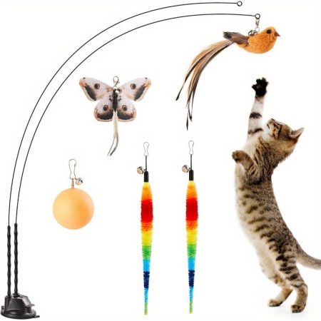 5pcs DualWand Interactive Cat Toy with Suction Cup Base - Feather & Ball Attachments, Charcoal Base, Nickel Material, Non-Rechargeable Battery, Ideal for Indoor Cats, Cat Toy Interactive | Playful Design | Durable Cat Toy, Cat Toys for Indoor Cats