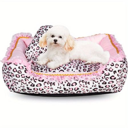 Large Leopard print dog bed for Small Dogs & Cats - Pink accent, Easy-Clean Leather-like Surface, No-Fill Pet Bed, Square Sofa Bed for Indoor Pets (20.8x18x5.5in) - Perfect for Apartment Living & Small Spaces