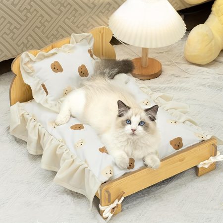 Heavy-Duty Elevated Cat Bed - Natural Wooden Hammock Bed with Raised Legs, Extra-Large Washable Mattress Pillow - Sturdy Pet Bed for Large Cats, Small Dogs, Rabbits - Supports up to 40 lbs - Indoor Use, Cozy Pet Resting Spot, Rustic Home Decor, Solid Wood